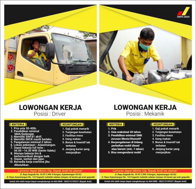 Lowongan kerja Driver dan Mekanik Depo Jago Cirebon | Loker Cirebon
