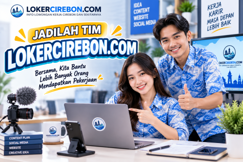Jadilah Tim CV Loker cirebon – Admin Web dan Sosial Media dengan pakaian batik Mega Mendung biru muda khas Cirebon